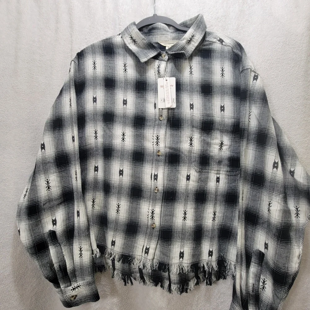 NWT $79 Lucky Brand Raw Edge Plaid Cropped Western Button-Down Cotton Flannel XL - Picture 1 of 11